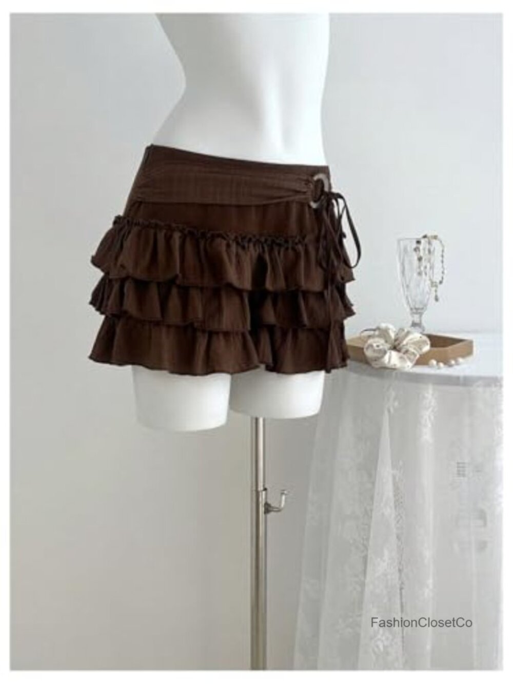 Ruffle Tiered Ring Linked Shorts Tie Front Wide Leg Boho Shorts - Picture 2 of 4